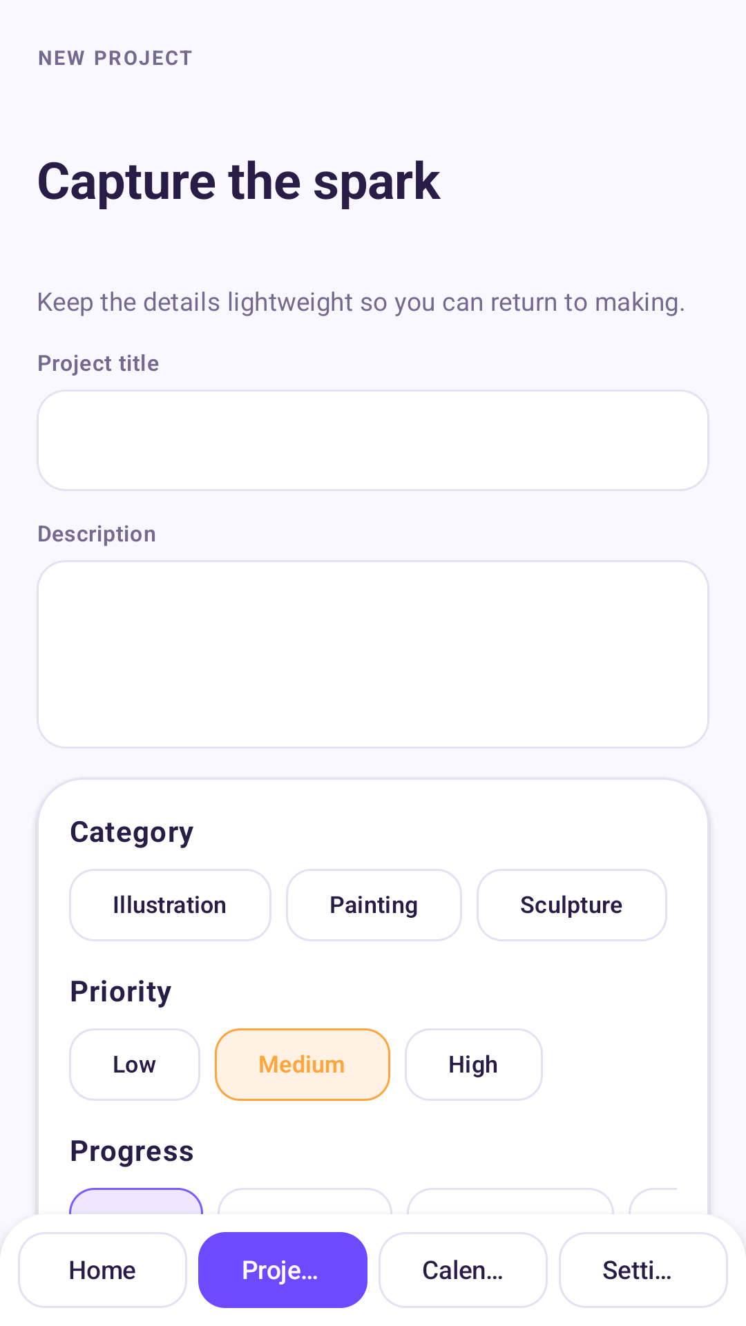 New project screen